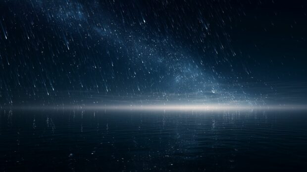 Dark wallpaper depicting a starry night sky with streaks of light over a calm ocean surface