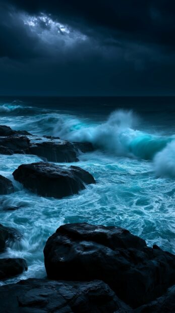 Dark wallpaper featuring a stormy ocean with powerful turquoise waves crashing against dark rocks