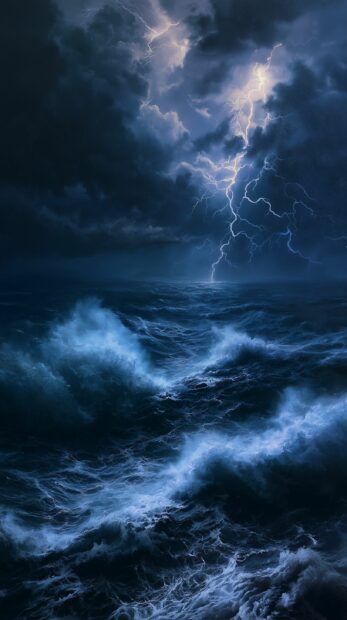 Dark wallpaper showing a dramatic stormy ocean with crashing waves and bright lightning