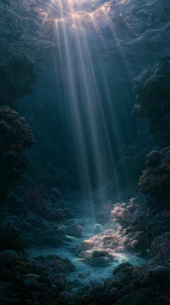 Dark wallpaper featuring an underwater scene with sun rays piercing through the deep, dark ocean onto a colorful coral reef