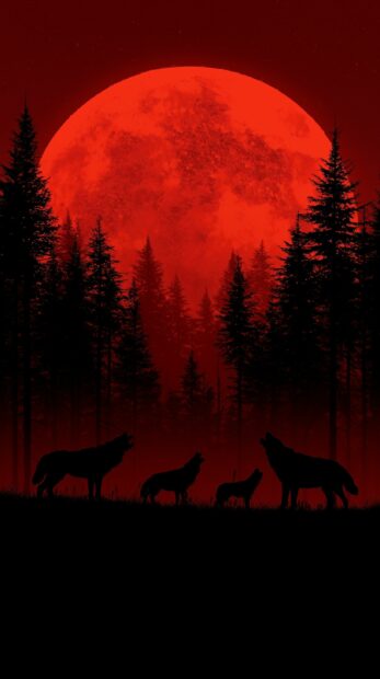 Dark wallpaper depicting silhouettes of wolves howling under a dramatic red moon in a dense forest