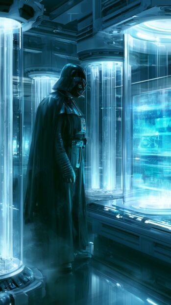A striking Darth Vader wallpaper featuring the Sith Lord in a futuristic blue-lit lab with glowing tubes and holographic screens
