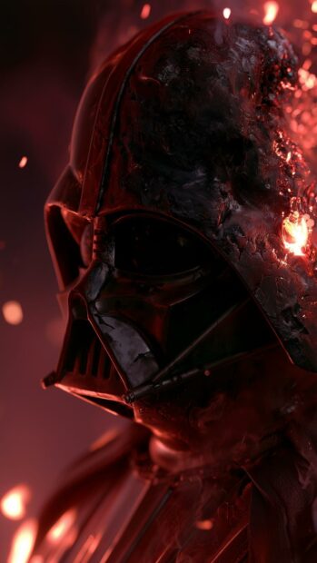 An intense Darth Vader Wallpaper showing a close-up of his damaged, burning helmet with fiery sparks against a dark red backdrop
