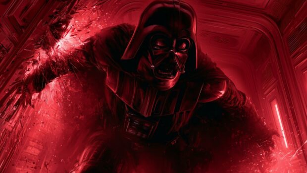 An action-packed Darth Vader Wallpaper showing him bursting through a wall amidst red energy and debris