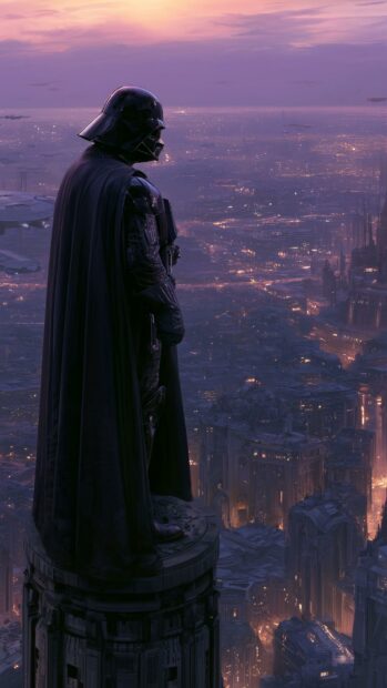 Darth Vader wallpaper standing on a skyscraper overlooking a sprawling city at sunset with a purple sky