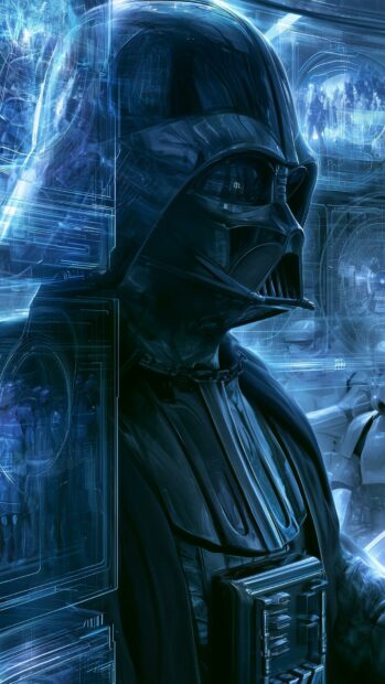 An intense Darth Vader wallpaper showcasing a close-up profile of his helmet surrounded by blue holographic interface displays
