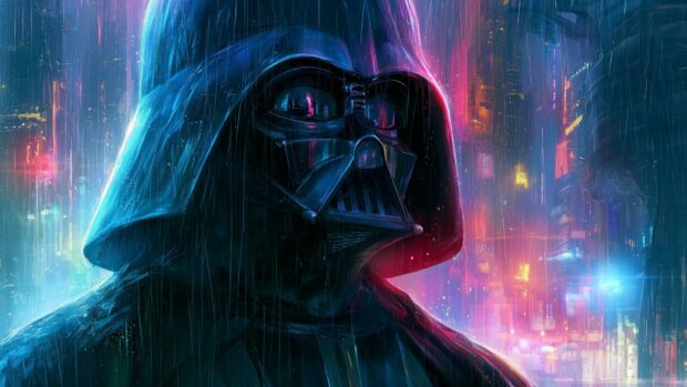 A unique Darth Vader wallpaper depicting him standing in a rainy cyberpunk city with vibrant neon lights reflecting off his helmet