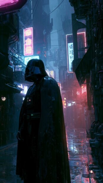 A unique Darth Vader Wallpaper featuring him walking through a rainy cyberpunk street with vibrant neon lights