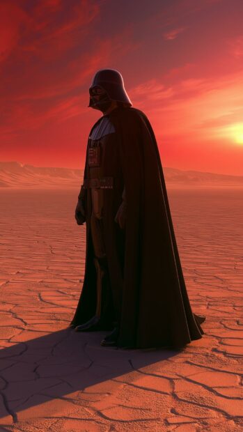 A striking Darth Vader wallpaper featuring him standing alone in a vast desert landscape under a dramatic red and orange sunset sky