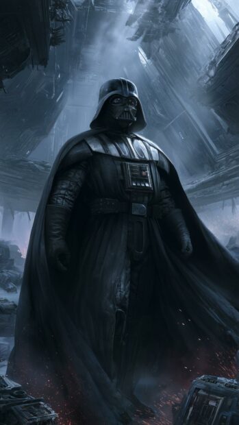 A powerful Darth Vader Wallpaper showing him standing amidst the ruins of a dark, futuristic city