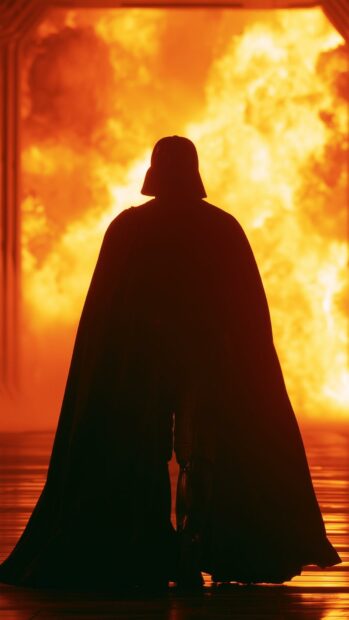 An intense Darth Vader Wallpaper showing him from behind, silhouetted against a massive fiery explosion