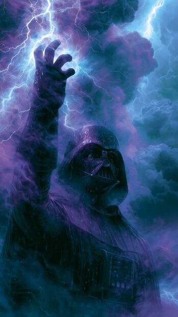An epic Darth Vader wallpaper showing him conjuring force lightning amidst stormy purple and blue clouds