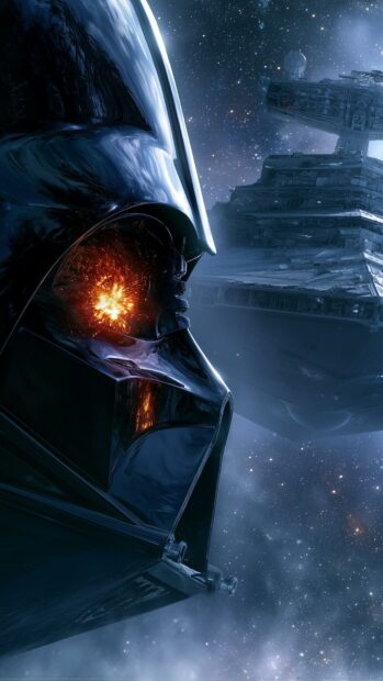 A dramatic Darth Vader wallpaper showing a close-up of his helmet with a glowing red eye and a Star Destroyer in a starry space background