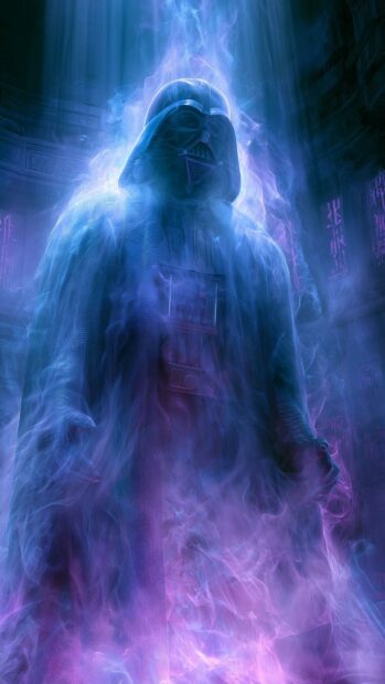 An ethereal Darth Vader wallpaper showing him as a glowing blue and purple energy specter emanating power