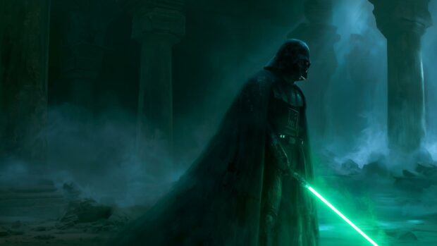 A mysterious Darth Vader Wallpaper depicting him with a glowing green lightsaber in a misty, ruined green-lit temple