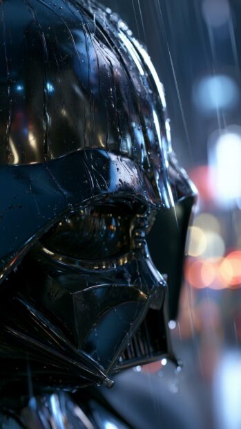 A dramatic Darth Vader wallpaper showing a close-up of his helmet wet with raindrops, reflecting city lights