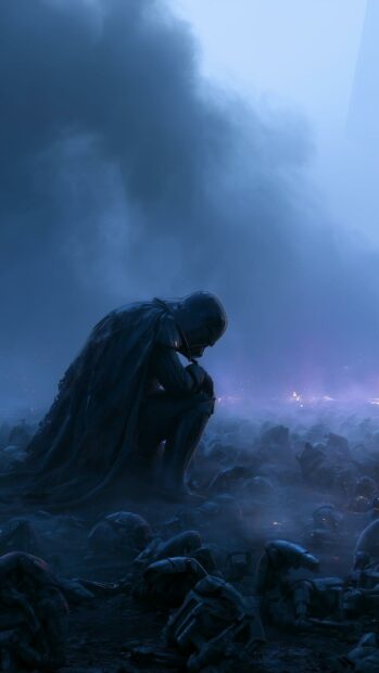 Darth Vader wallpaper showing the character kneeling on a field of debris under a dark, misty blue sky