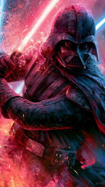 An intense Darth Vader wallpaper featuring him in an action pose with a glowing red lightsaber and fiery red energy surrounding him