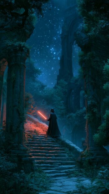 A captivating Darth Vader Wallpaper depicting him with a glowing red lightsaber, ascending ancient stairs in a mystical starry forest
