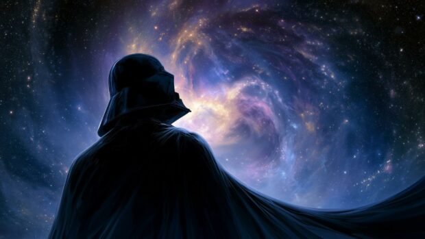 A stunning Darth Vader wallpaper showing the Sith Lord from behind, gazing at a vibrant galaxy and nebula