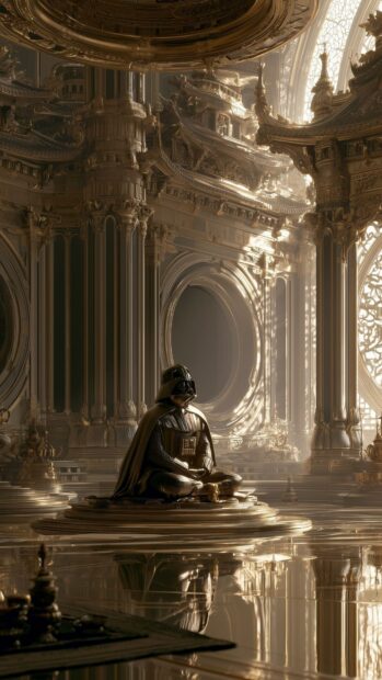 A unique Darth Vader Wallpaper showing him meditating in a lavish, golden, ornate temple hall