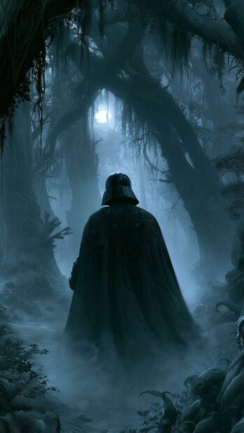 A mysterious Darth Vader Wallpaper showing the Sith Lord walking into a foggy, dark blue forest with gnarled trees