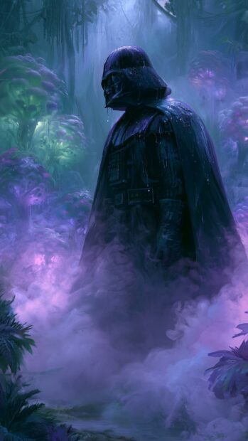 A mystical Darth Vader wallpaper featuring him standing in a foggy, alien jungle with purple flora
