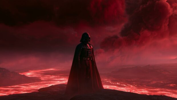 Darth Vader wallpaper standing on a rocky landscape with a dramatic red sky and glowing lava rivers