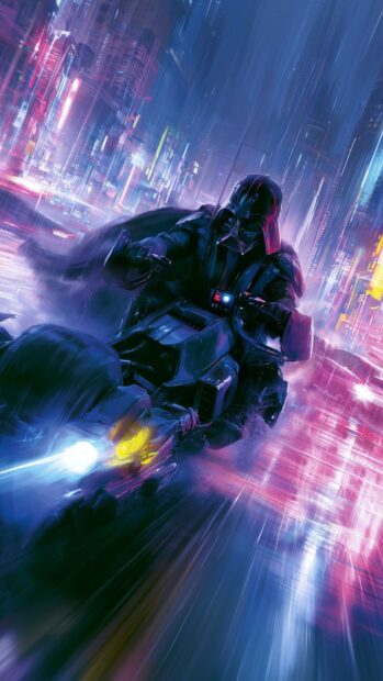 An action-packed Darth Vader wallpaper depicting him riding a futuristic motorcycle through a neon cyberpunk city
