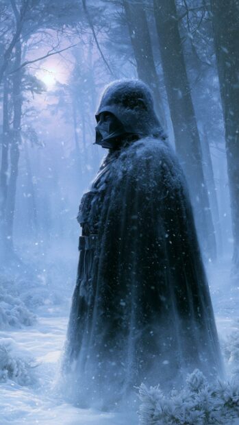 A dramatic Darth Vader wallpaper depicting him standing somberly in a snow-covered winter forest with falling flakes