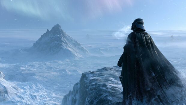 Darth Vader wallpaper standing on a snowy mountain ledge overlooking an icy landscape with an aurora borealis in the sky