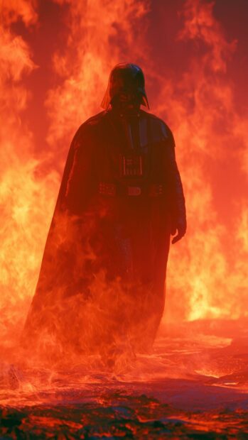 Darth Vader wallpaper standing amidst a sea of intense orange flames and smoke