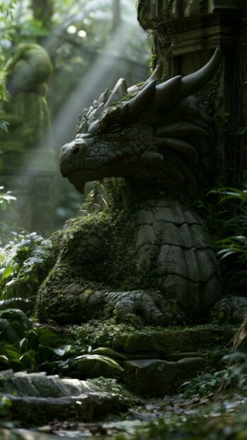 Ancient stone dragon wallpaper statue covered in moss and vines within forgotten jungle ruins
