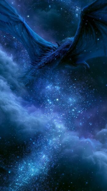 Blue dragon wallpaper flying majestically through a starry night sky with ethereal clouds