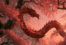 A beautiful red oriental dragon wallpaper amidst a vibrant cherry blossom forest with falling petals