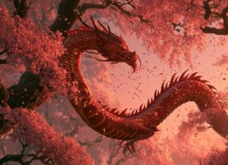A beautiful red oriental dragon wallpaper amidst a vibrant cherry blossom forest with falling petals