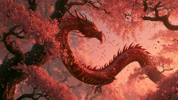 A beautiful red oriental dragon wallpaper amidst a vibrant cherry blossom forest with falling petals