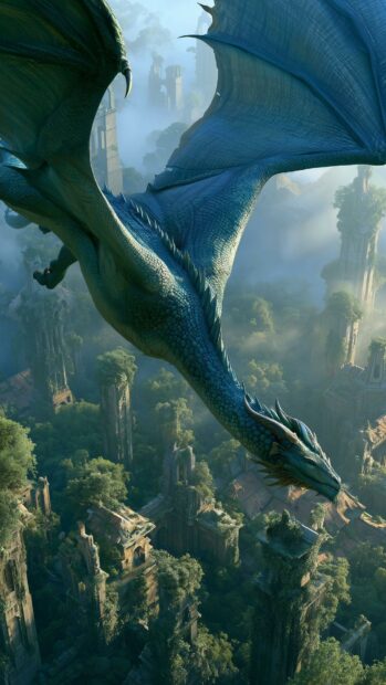 Teal dragon wallpaper flying gracefully over an ancient, overgrown city or ruins in a misty landscape
