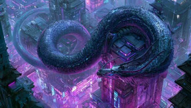 Futuristic blue and purple dragon wallpaper coiled around neon city skyscrapers with glowing lights