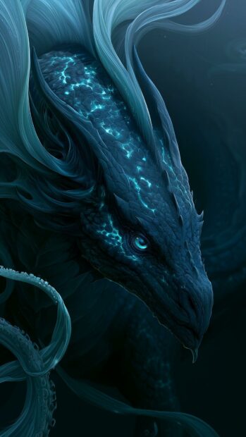A stunning blue dragon wallpaper featuring a close-up of its head with glowing teal scales and intricate details