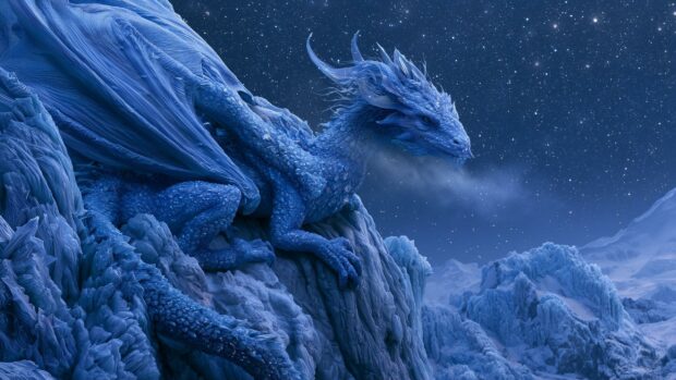 Beautiful ice blue dragon wallpaper perched on a snowy mountain under a starry night sky