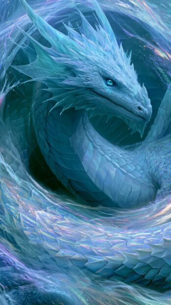 Intricate ice crystal blue dragon wallpaper with glowing eyes and swirling energy around its coiled body
