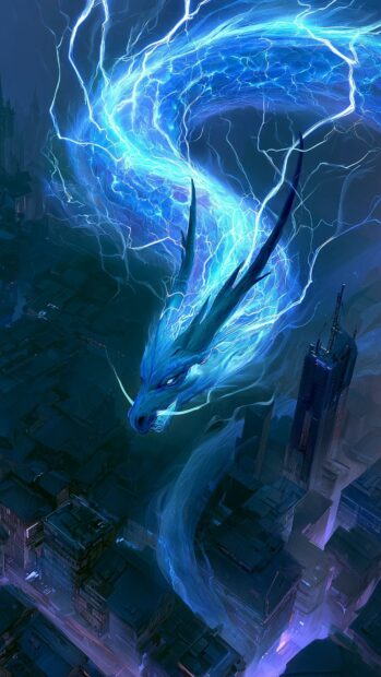An epic blue lightning dragon wallpaper flying majestically over a dark, futuristic city