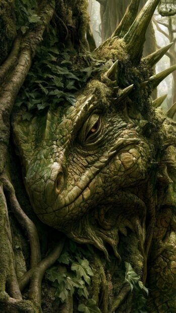 Green forest dragon wallpaper camouflaged with moss and vines in a mystical woodland setting