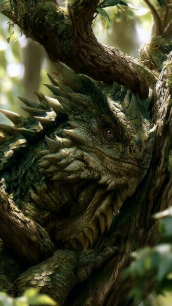 A detailed green mossy dragon wallpaper camouflaged perfectly within a tree trunk and branches