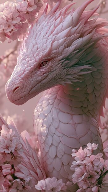 Elegant pink dragon wallpaper surrounded by delicate cherry blossoms