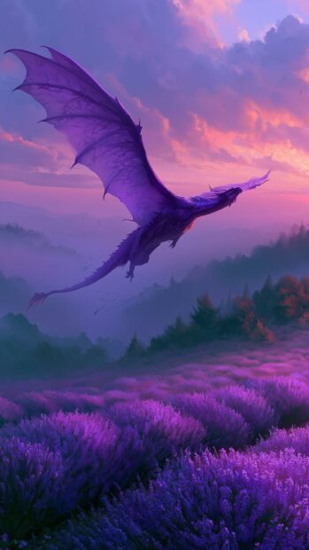 Vibrant purple dragon wallpaper flying over a lavender field at sunset