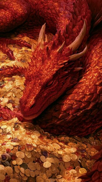 Majestic red dragon wallpaper sleeping peacefully on a vast hoard of glittering gold coins