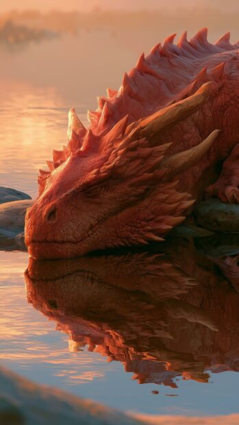 Red dragon wallpaper sleeping peacefully by the water at sunset, with its reflection visible on the calm surface