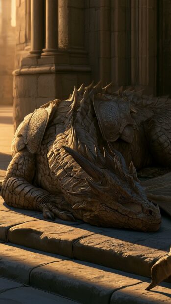 Stone dragon wallpaper sleeping on ancient stone steps next to old pillars in a warm sunlight